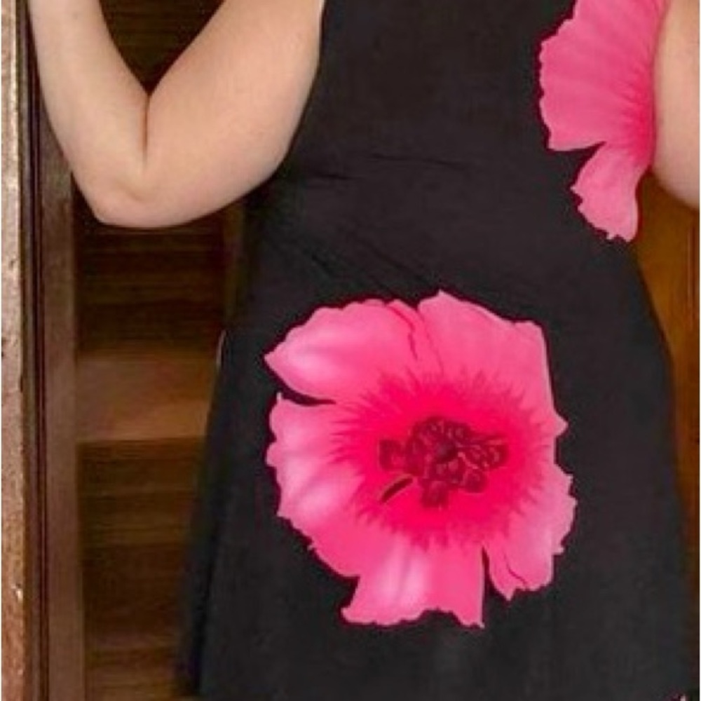 Elegant Black Midi Dress with Pink Floral Design